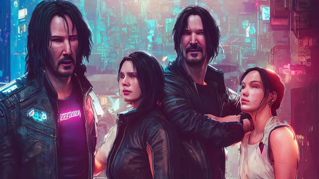 Image similar to a cyberpunk 2077 srcreenshot couple portrait of a Keanu Reeves a female androids in hug,love,film lighting,by Laurie Greasley,Lawrence Alma-Tadema,Dan Mumford,John Wick,Speed,Replicas,artstation,deviantart,FAN ART,full of color,Digital painting,face enhance,highly detailed,8K,octane,golden ratio,cinematic lighting