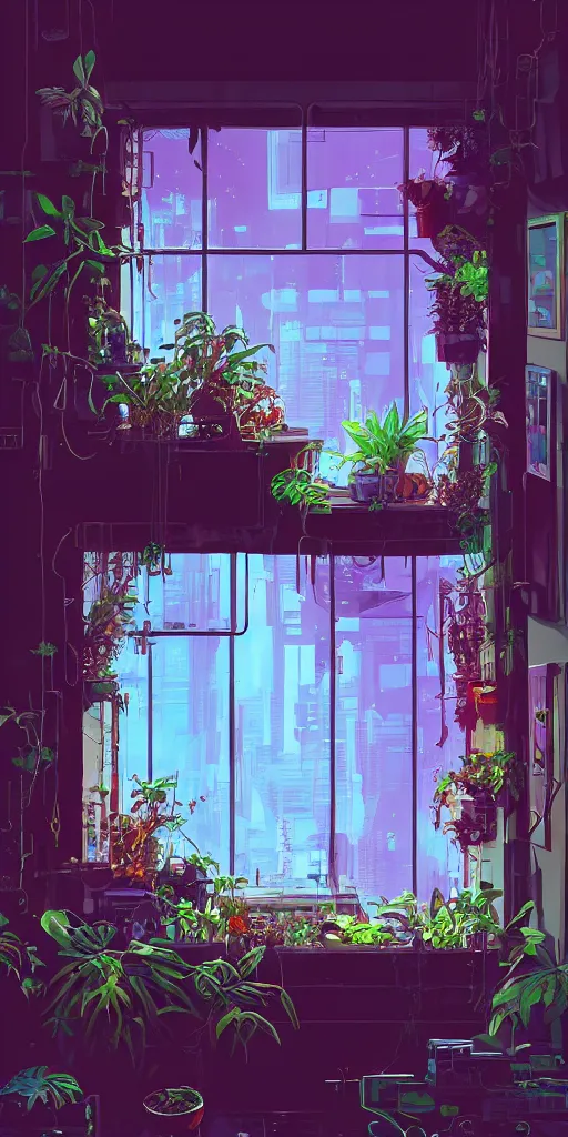 Prompt: lush windowsill with plants on it, interior of room, looking out toward a cyberpunk cityscape, vignette of windowsill, technological art, detailed digital concept art by anton fadeev and marc simonetti, trending on artstation