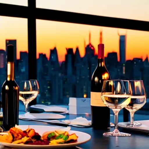 Image similar to beautiful glowing candle - lit dinner with wine bottle overlooking the new york city skyline