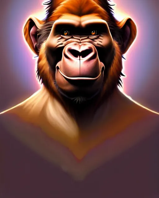 Image similar to don bluth, loish, artgerm, joshua middleton, steampunk, clockpunk anthropomorphic gorilla, brown suit, smiling, symmetrical eyes symmetrical face, colorful animation forest background