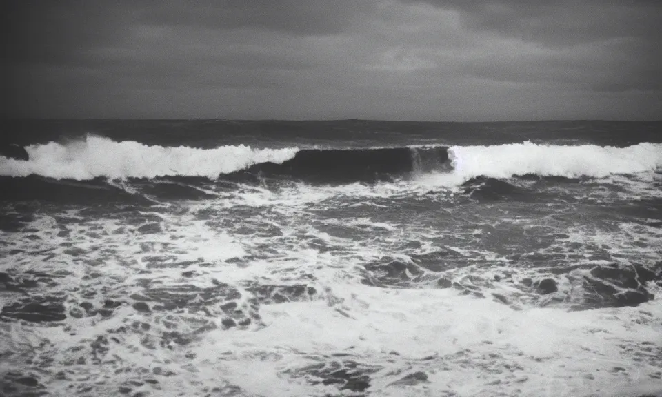 Image similar to 3 5 mm film still, stormy ocean atlantis city