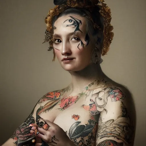 Image similar to ultra detailed, 4 k portrait of a tattooed woman in baroque dress by rachel ruysch