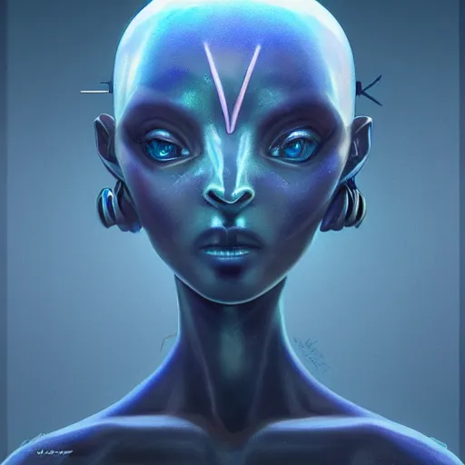 Image similar to antrophomorphic blue alien girl, intricate, highly detailed, digital painting, artstation, oppressive lighting, fashion concept art, sharp focus, illustration