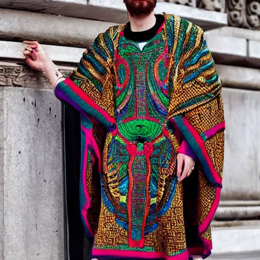 Image similar to ancient greek philosopher wearing gucci colorful intense intricate textile chiton himation cloak tunic detailed streetwear cyberpunk modern fashion