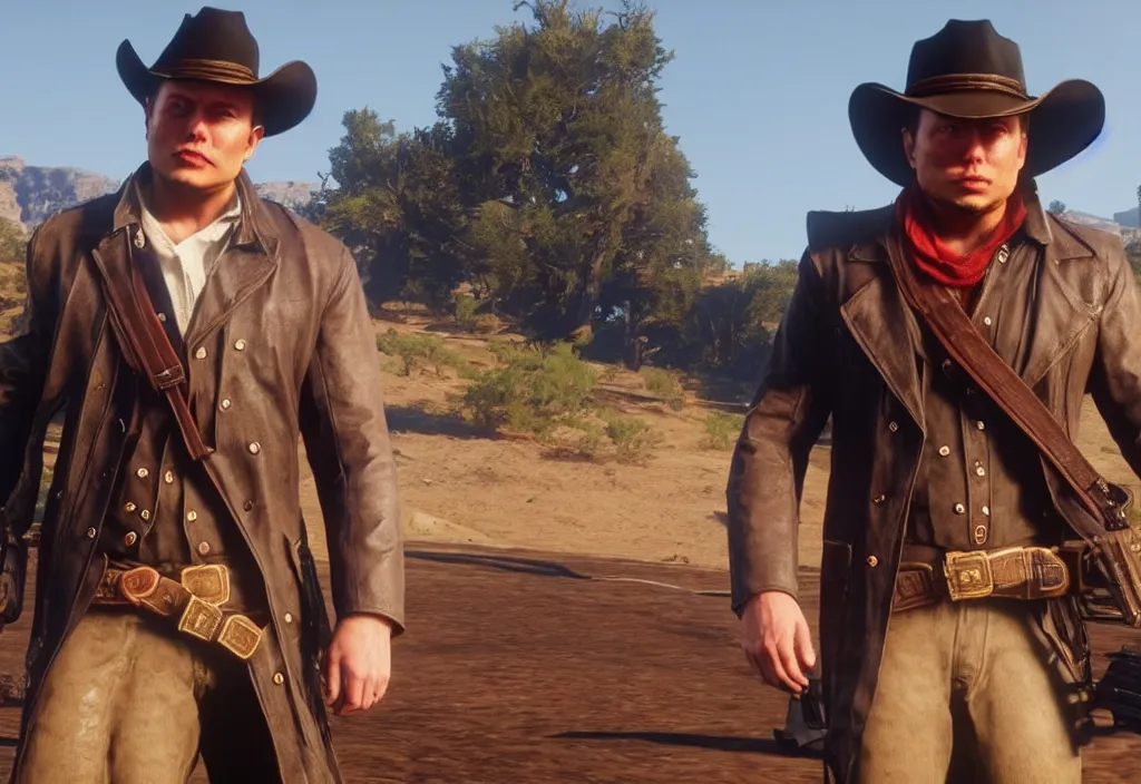 Image similar to elon musk in the red dead redemption 2, elon musk in the video game red dead redemption 2, gameplay screenshot, close up, 3 d rendering. unreal engine. amazing likeness. very detailed.