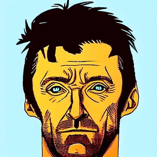 Prompt: “ hugh jackman retro minimalist portrait by jean giraud, moebius starwatcher, color comic, 8 k ”