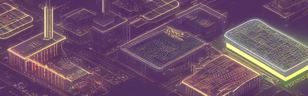 Image similar to a digital matte painting of a complex isometric architecture made of circuit boards and embedded LEDs in a busy modern city, #isometric