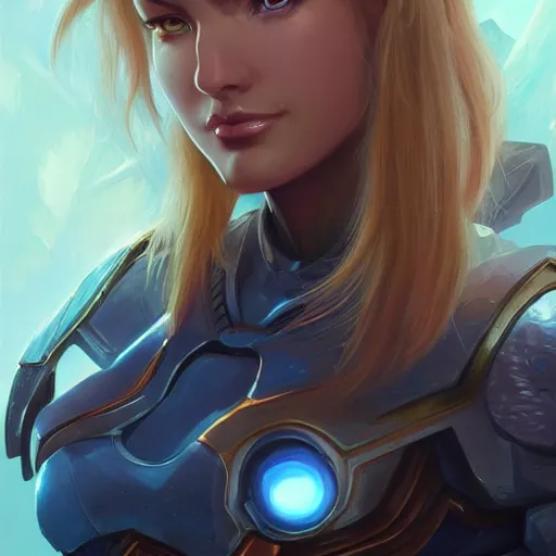 Prompt: Samus Aran closeup, D&D, fantasy, intricate, elegant, highly detailed, digital painting, artstation, concept art, matte, sharp focus, illustration, hearthstone, art by Artgerm and Greg Rutkowski and Alphonse Mucha