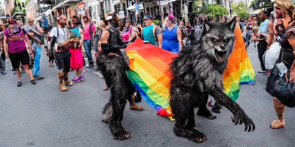 Image similar to a werewolf on the streets of New Orleans at pride