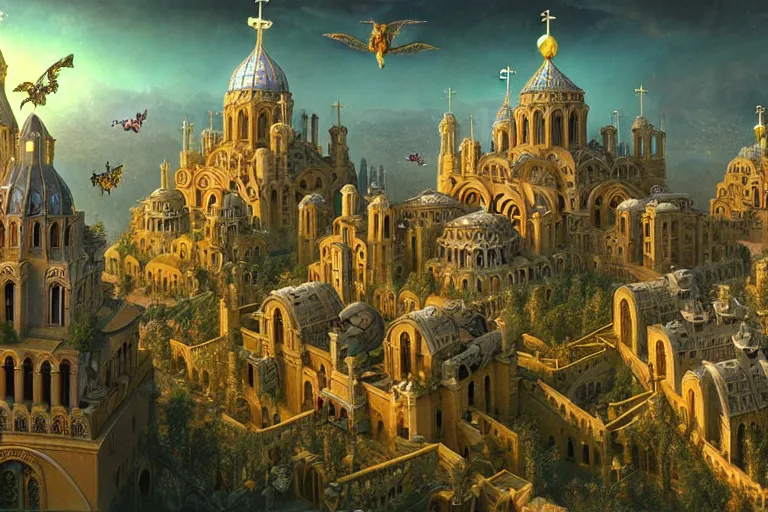 Prompt: a beautiful stunning insanely detailed fantasy matte painting of a byzantine cathedral city buzzing with activity and magical creatures by Heironymous Bosch and Jim Burns and James Gurney