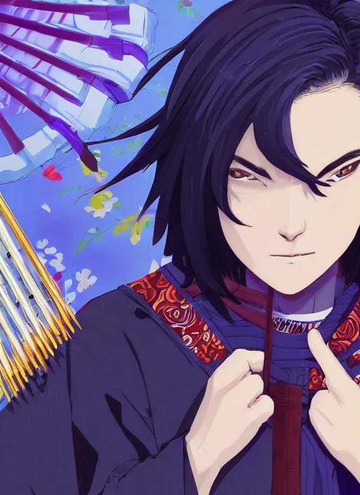 Prompt: teenager boy with straight indigo hair, purple eyes with red eye markers, slim body, wearing a detailed Japanese kimono with golden armpieces, holding a pair of fans. rich vivid colors, ambient lighting, dynamic lighting, 4k, official media, anime key visual, makoto shinkai, ilya kuvshinov, lois van baarle, rossdraws, detailed, trending on artstation