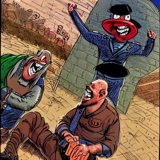 Prompt: precisely drawn illustration of two guards laughing at a joke, wide angle, sharp, fine details, French comic style, vibrant realistic colors, full color, heroic fantasy, intense line art, 8k, precise linework, realistic, in the style of Richard Corben and Moebius