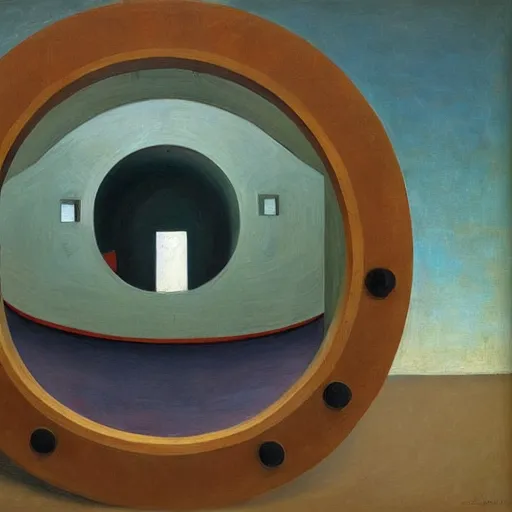 Prompt: giant bathysphere interior, portholes, comedic, dystopian, grant wood, pj crook, edward hopper, oil on canvas