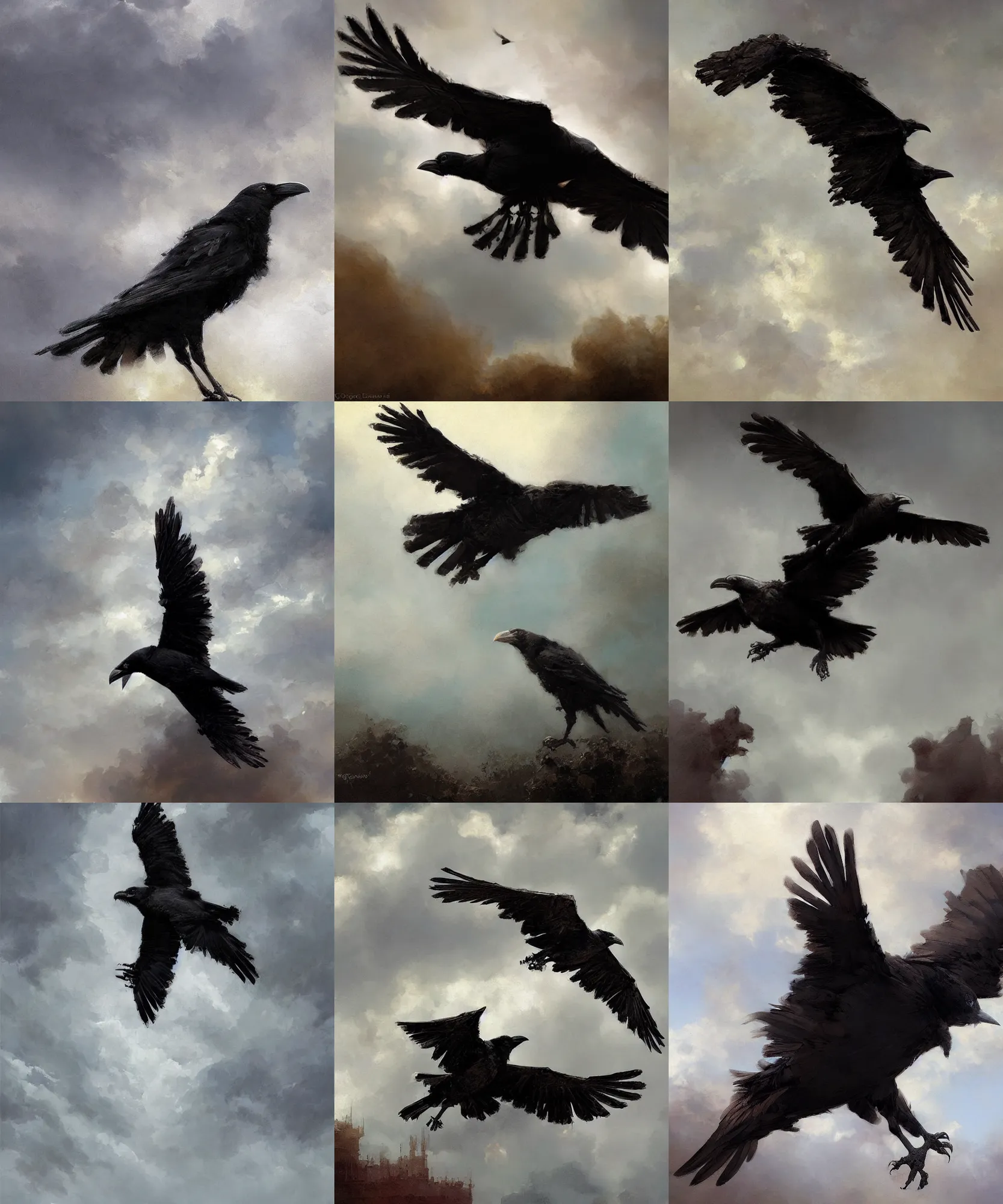 Prompt: digital art painting of a crow flying in a fluffy cloudy sky painted by craig mullins and gaston bussiere and greg rutkowski, symmetrical face, defined facial features, symmetrical facial features, dramatic lighting