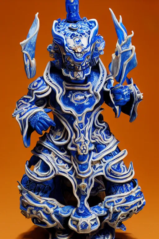 Prompt: an polished texturized sculpture of Kel'Thuzad in white and blue chinese porcelain by kris kuksi