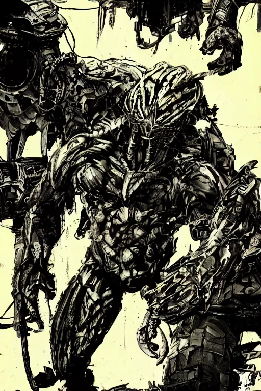 Image similar to predator illustrated by yoji shinkawa, science fiction horror action, skilled, technologically advanced alien, ink, digital painting, highly detailed, trending on artstation, sharp focus, illustration, concept art, norman rockwell