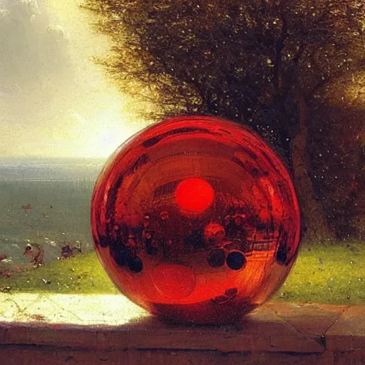 Prompt: chrome spheres on a red cube by alfred augustus glendening