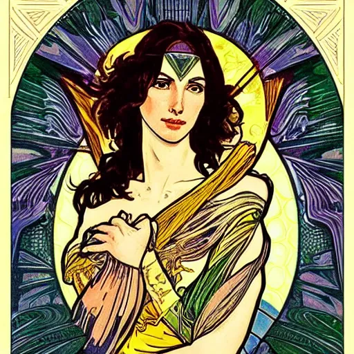 Prompt: “a tarot card of Gal Gadot, in the style of Alphonse Mucha”