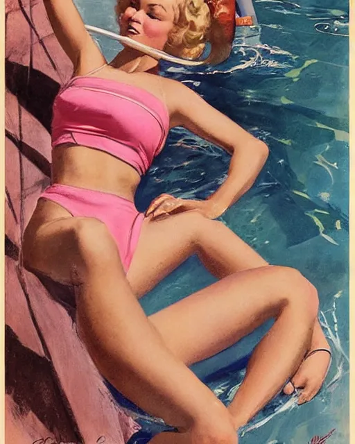 Image similar to tuesday weld in a pink bikini, tuesday weld half immersed in water in a palm springs midcentury swimming pool by gil elvgren, by mort kunstler, by earl norem