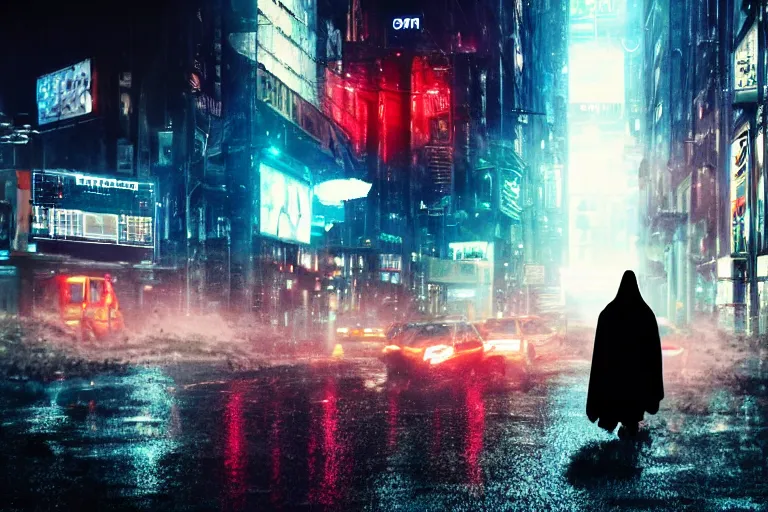 Prompt: a cinematic photograph of jesus walking through a dystopian city street whilst a large group of cyber tech robots follow, rain falls, neon advertisement light up the street, ultra realistic, high definition