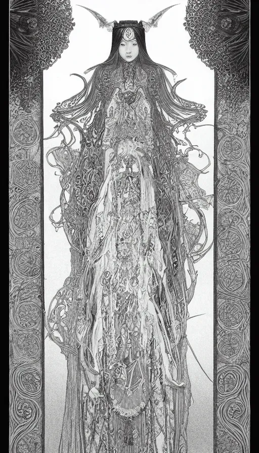 Image similar to yoon young bae as the high priestess, tarot design, by mucha, by agostino arrivabene, black and white graphite drawing, smooth render