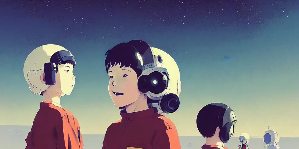 Image similar to portrait of a smiling boy with astronaut helmets by ilya kuvshinov, cloudy sky background lush landscape ln illustration concept art anime key visual trending pixiv by victo ngai fanbox by greg rutkowski makoto shinkai takashi takeuchi studio ghibli