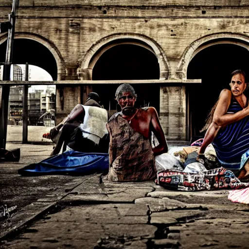 Image similar to poor people life under railway bridge, award winning, realistic, 4 k, hyper details, portrait by steve mccury and annie leibovitz and chindy sherman, best on adobe stock, cinematic, detailed place and people