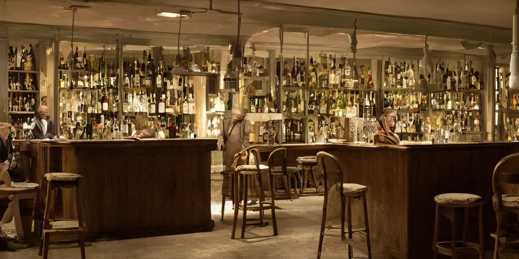 Prompt: an scenario close a bar designed for the director Roy Andersson movie