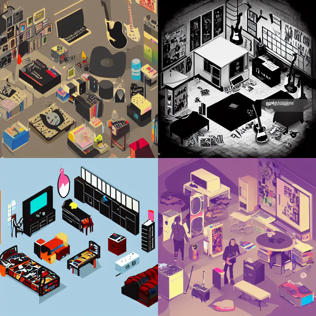 Prompt: messy isometric 3d dark room of emo teenager with lots of posters and diy staff and guitars and stereo system