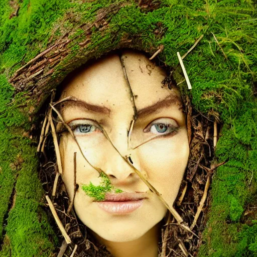 Prompt: a portrait of a woman made of tree roots and sticks, moss, mother nature, green