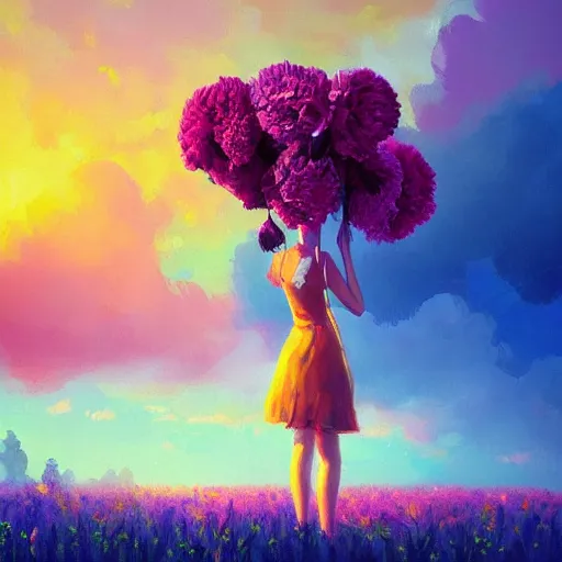 Image similar to girl with a giant carnation head, surreal photography, flower field, sunset dramatic light, impressionist painting, colorful clouds, blue sky, digital painting, artstation, simon stalenhag