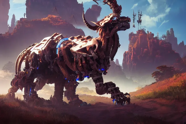 Image similar to grimhorn fanghorn machine mecanical creature robot of horizon forbidden west horizon zero dawn bioluminiscence global illumination ray tracing hdr fanart arstation by ian pesty and alena aenami artworks in 4 k