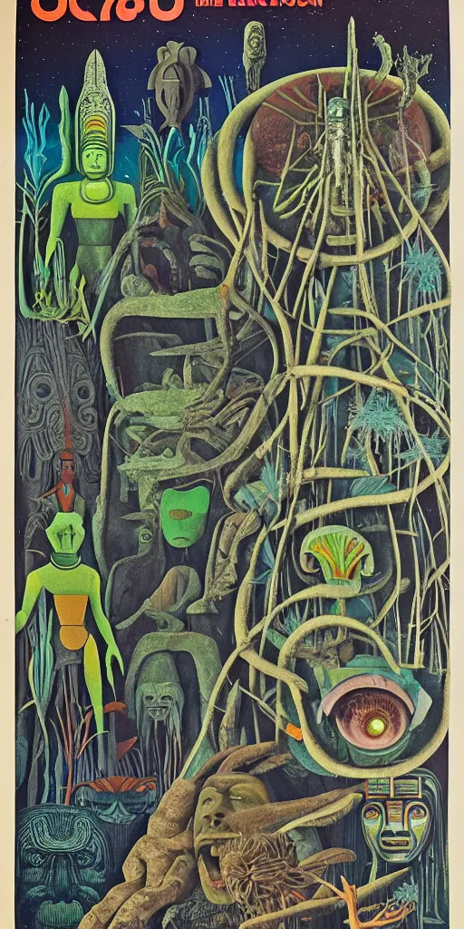 Image similar to 1968 science fiction movie poster, cut out collage, neon mayan, deep winter on Venus, epic theater, deep forest creatures, mountain plants, drawings in part by Diego Rivera, part by Ernst Haekl, text by William S Boroughs, written by Michael Ende