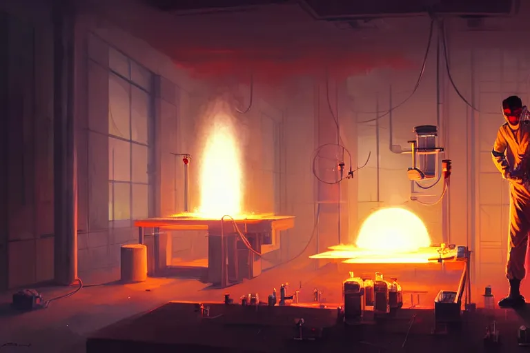 Image similar to symmetry!! scientist performing a explosive experiment by artgerm greg rutkowski and andreas rocha, cinematic lighting, highly detailed, warm colours, 8 k