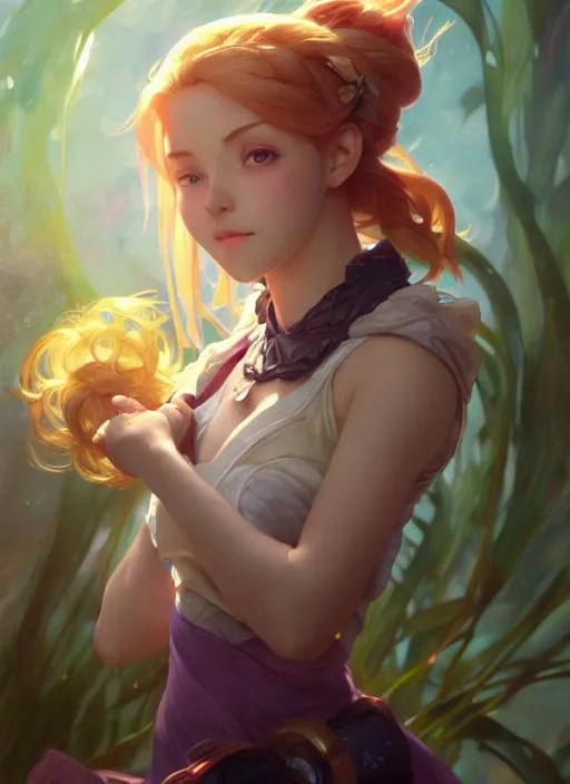 Image similar to annie from league of legends, half body shot, path traced, octane render, highly detailed, high quality, digital painting, hd, lilia alvarado, shinji aramaki and makoto shinkai, karol bak and artgerm, alphonse mucha, tom bagshaw