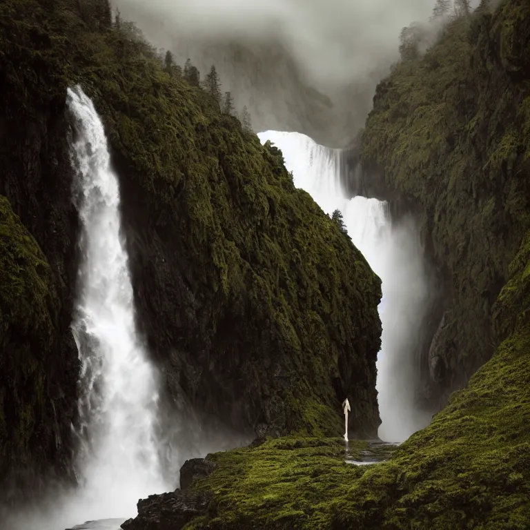 Image similar to dark and moody photo by ansel adams and wes anderson, a giant tall huge woman in an extremely long dress made out of waterfalls, standing inside a green mossy irish rocky scenic landscape, huge waterfall, volumetric lighting, backlit, atmospheric, fog, extremely windy, soft focus