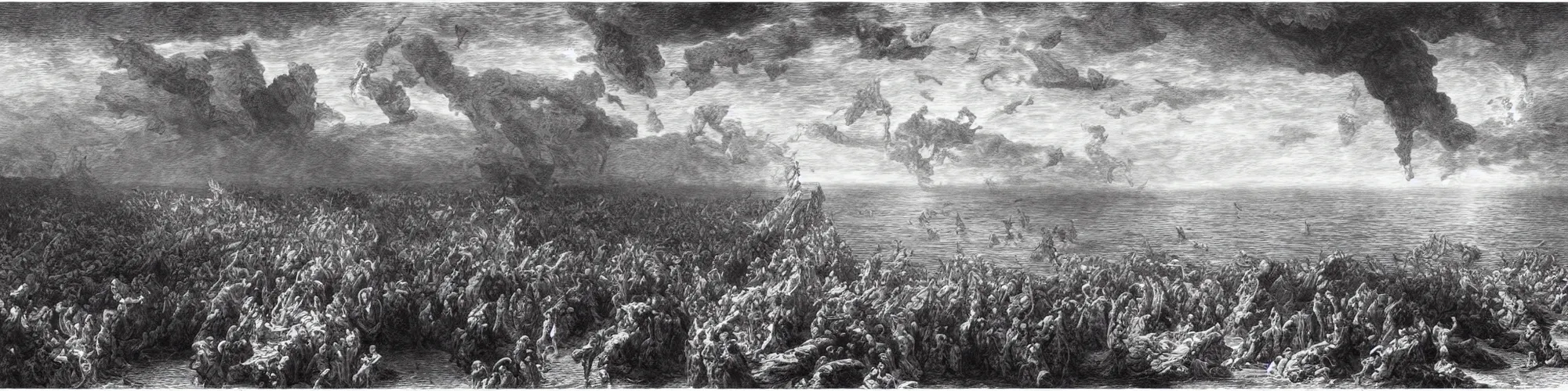 Image similar to aerial view, the biblical crossing of the red sea, Gustave Dore lithography