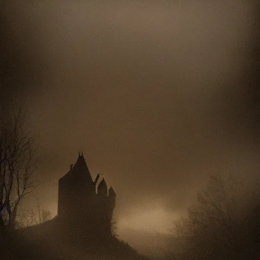 Image similar to a dark vallcy with a huge gloomy castle, fog. a little boy and a black cat