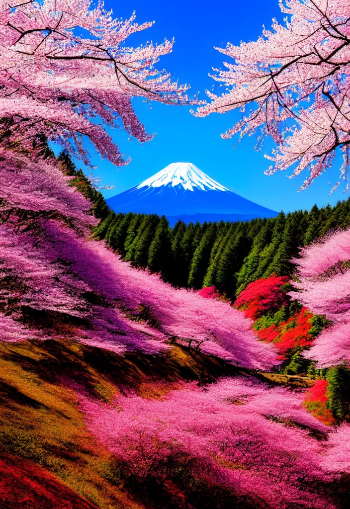 Image similar to a real photographic landscape painting with incomparable reality, wide angle, in forest, flowers, cherry blossom tree in full bloom, bright style, mount fuji, clearing, 8 k, magnificent, artstation