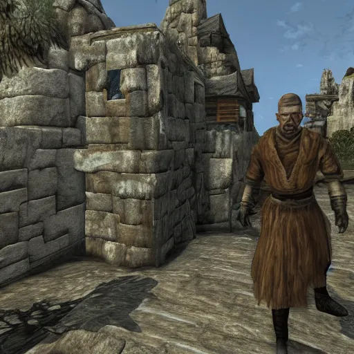 Image similar to walter white visits seyda neen, morrowind, highly detailed, realistic, elder scrolls, adventuring gear
