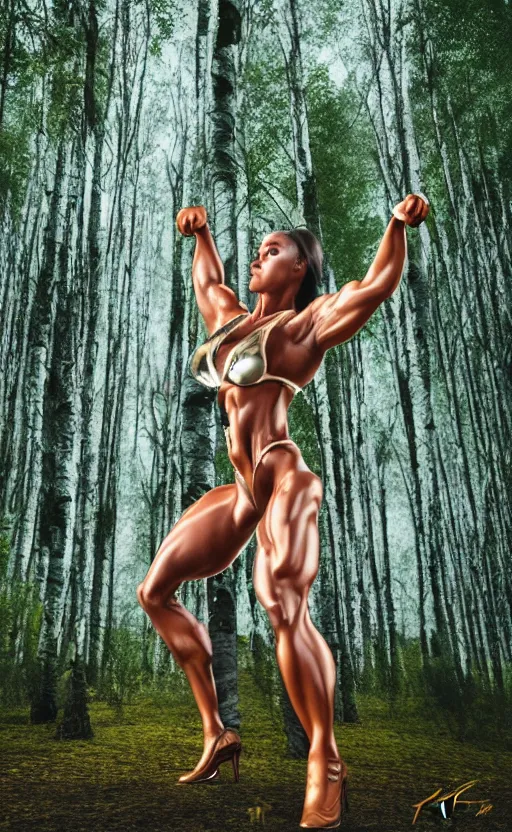 Prompt: photo of bodybuilder woman posing in birch forest in jeff koons hip hop bauhaus style, beautiful detailed face, ultra realistic, concept art, intricate details, serious, highly detailed, photorealistic, octane render, 8 k, unreal engine, natural light, art by todd mcfarlane