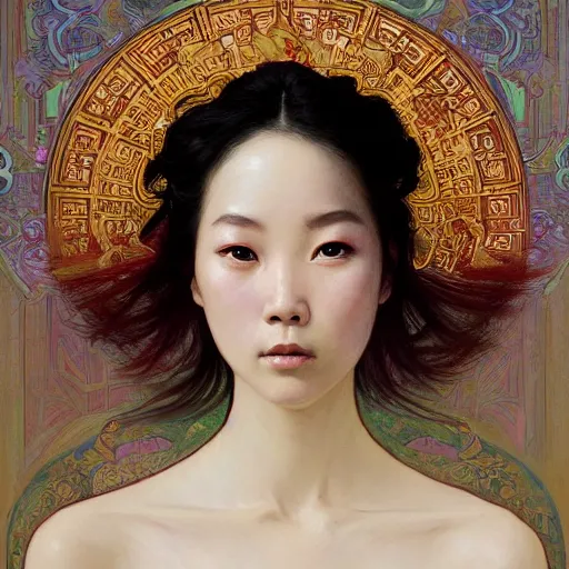 Prompt: A portrait of The bride in a Chinese wedding by Ross Tran!!! and alphonse mucha and greg rutkowski! and Gustave Doré!! and Zdzisław Beksiński!,In style of Impressionism.Symmetry.Highly detailed face.Fantasy,smooth,hyper detailed,sharp focus,Soft light.trending on artstation.oil on canvas