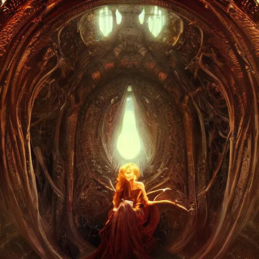 Image similar to hyper realistic portrait of a Necronomicon demon character in a hell portal in a film, art by artery and Greg Rutkowski and alphonse mucha, sci-fi, fantasy, intricate, ornate, very very beautiful, elegant, highly detailed, digital painting, artstation, concept art, smooth, sharp focus, illustration