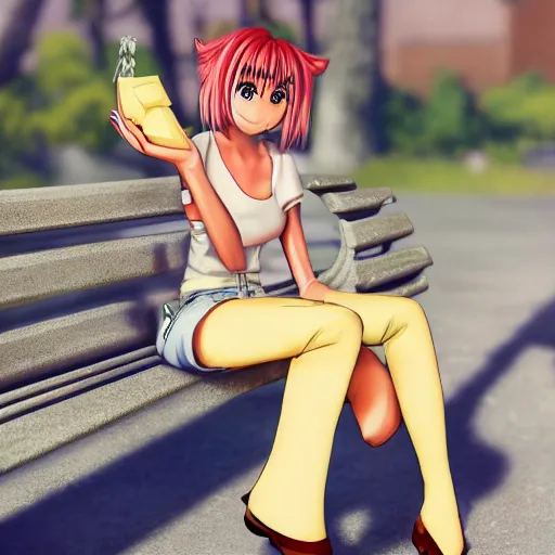 Image similar to anime cartoon of miley cyrus sat on a bench eating cheese, hyperrealism, award winning, stunning, trending on art station, highly detailed, cinematic lighting, 8 k, hd