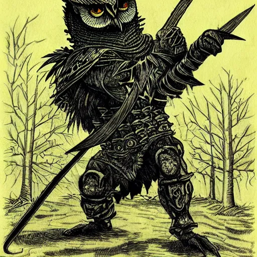 Image similar to Anthropomorphic black owl knight with yellow eyes, holding a large spear, shambling in a forest at night while twisting its head, full body shot, Intricate detail, in the style of Kentaro Miura,