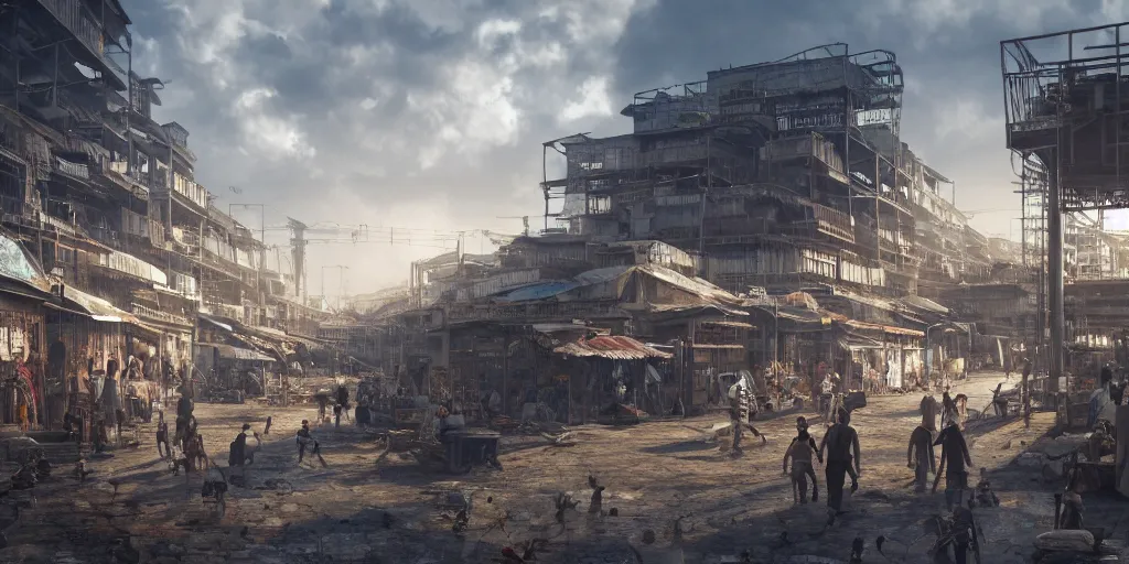 Prompt: An industrial-looking marketplace in the slums, people trading, dry weather, white sun shining brightly in the sky, realistic 4k octane beautifully detailed render, 4k post-processing, highly detailed, intricate complexity, epic composition, magical atmosphere, cinematic lighting, masterpiece, ultra hd