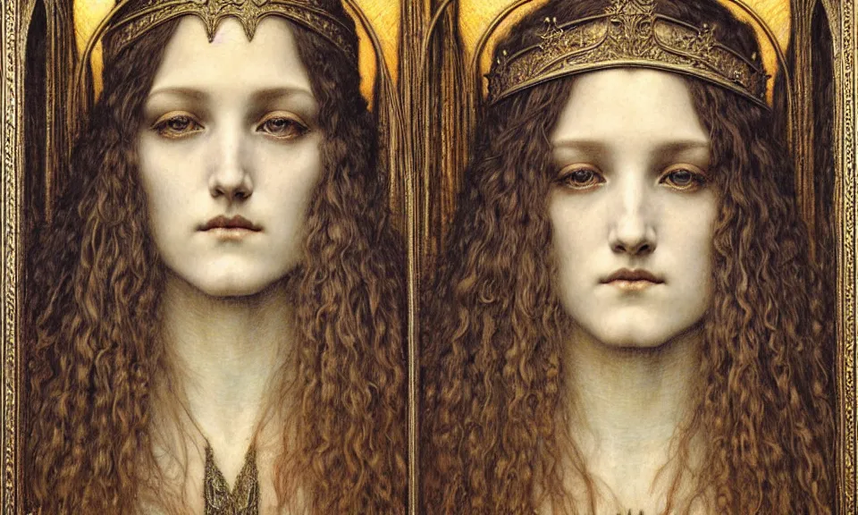 Image similar to detailed realistic beautiful young medieval queen face portrait by jean delville, gustave dore and marco mazzoni, art nouveau, symbolist, visionary, gothic, pre - raphaelite. horizontal symmetry