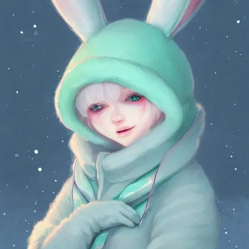 Image similar to aesthetic portrait commission of a albino male furry anthro cute bunny wearing a cute mint colored cozy soft pastel winter outfit, winter Atmosphere. Character design by charlie bowater, ross tran, artgerm, and makoto shinkai, detailed, inked, western comic book art, 2021 award winning painting