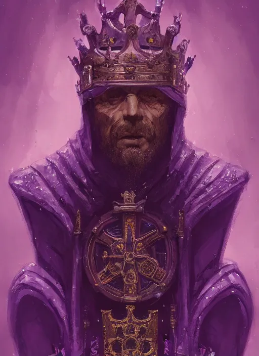 Prompt: a portrait of an old medieval king on the throne, cyberpunk, dark purple color scheme, grim - lighting, high - contrast, intricate, elegant, highly detailed, digital painting, artstation, concept art, smooth, sharp focus, illustration