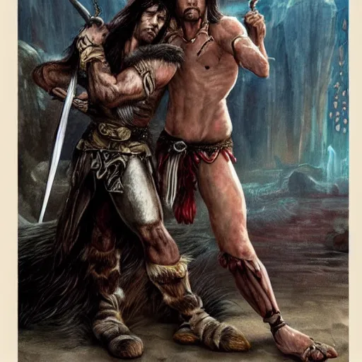 Image similar to highly detailed fantasy art of a weak and skinny conan the barbarian fighting a malnourished kitten